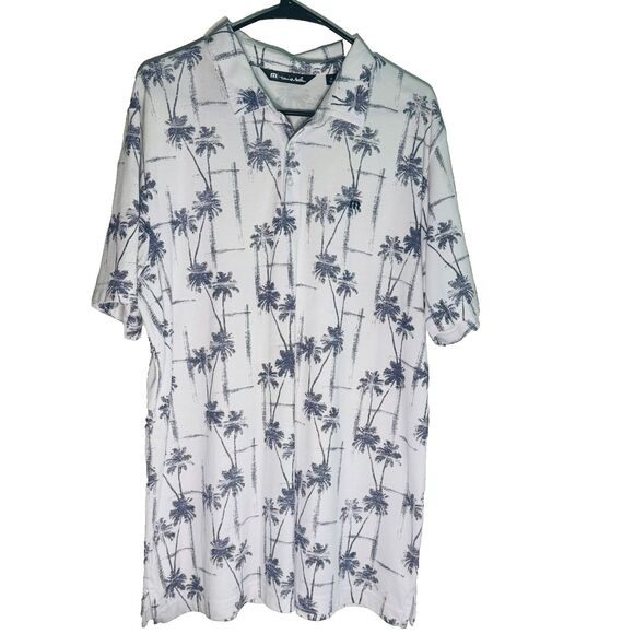 Travis Mathew Polo Shirt Mens XL White Gray Palm Tree Short Sleeve - Picture 1 of 7